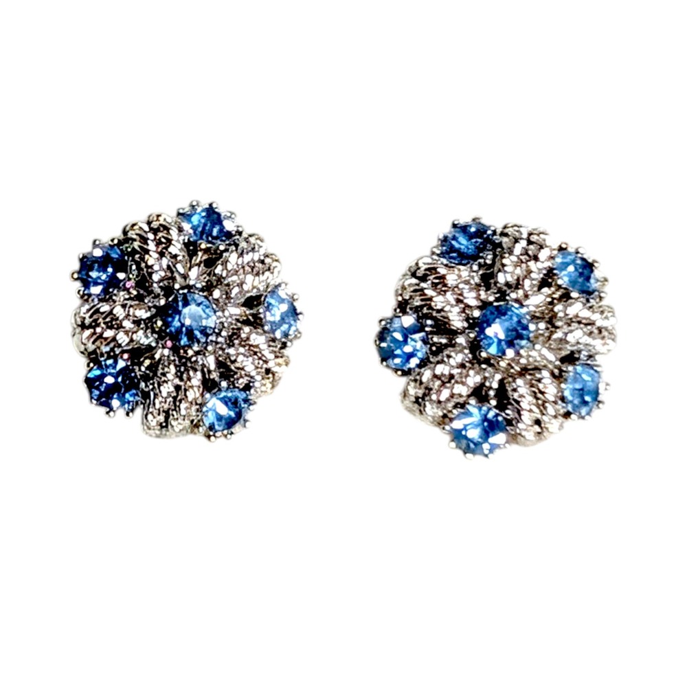 Five Point Round Blue Rhinstone and Silver Tone Clip On Earrings 80s Vtg Jewelry